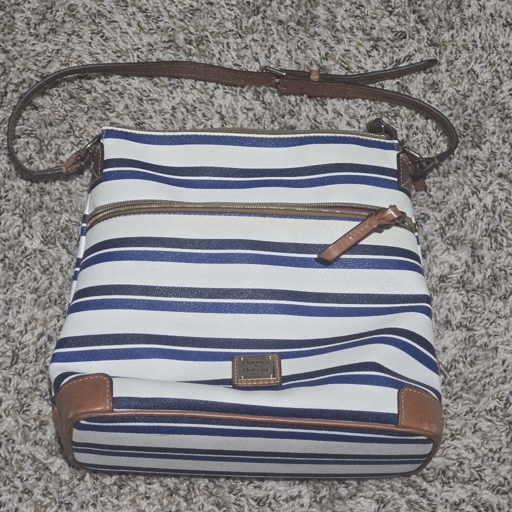 Dooney & Bourke Navy And White Striped Shoulder Bag with Brown Accents